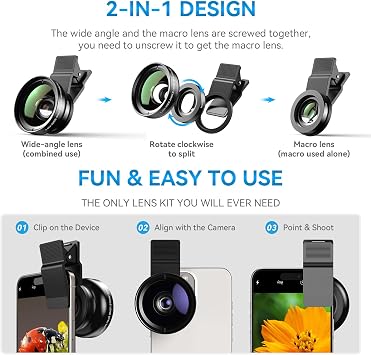 APEXEL 0.45x Wide Angle & 12.5X Macro Lens, Clip-On Phone Camera Kit for iPhone & Android Perfect for Selfies, Travel, and Close-Ups