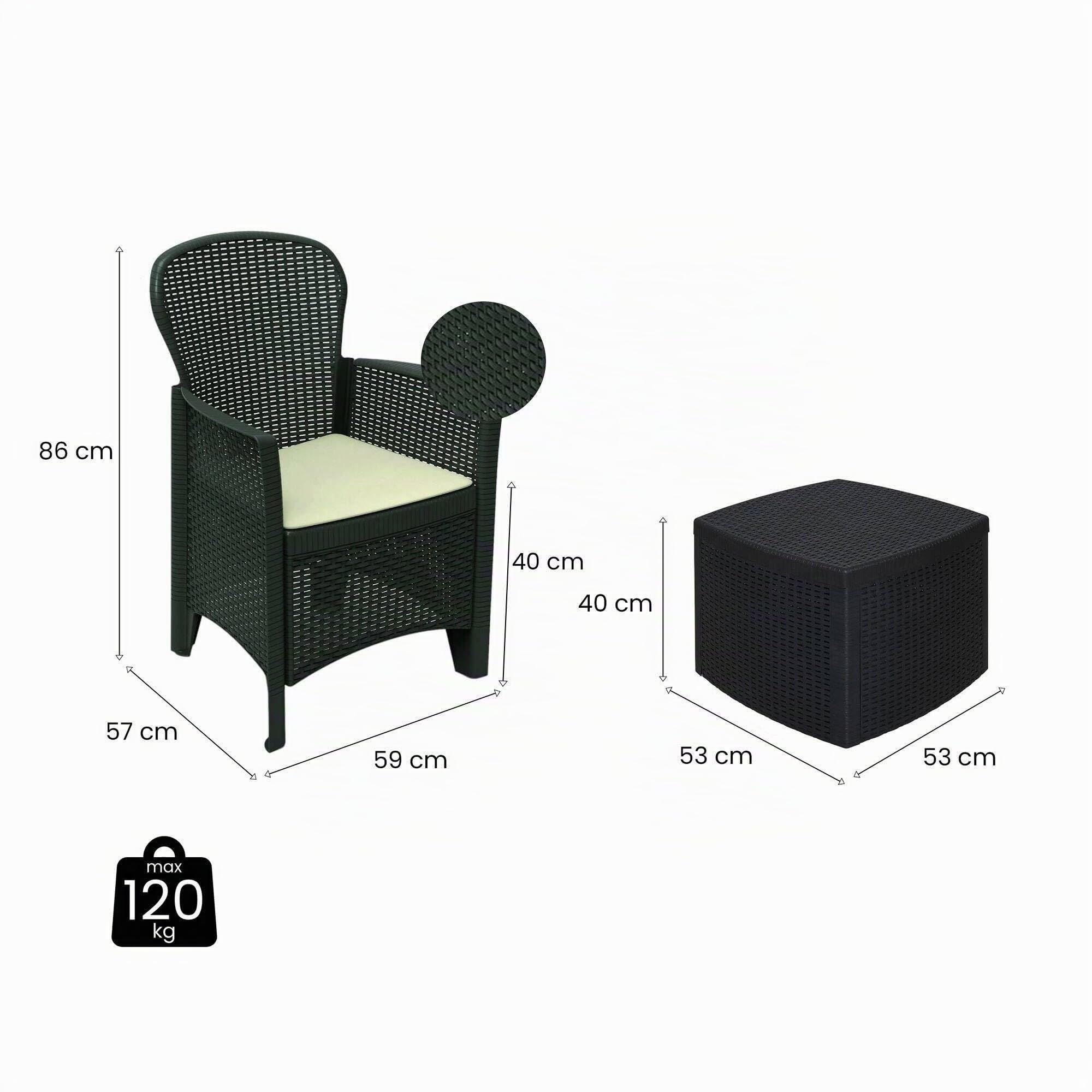 Dmora - Ensemble de salon d'extérieur Naples, Composition de jardin avec 2 fauteuils et 1 table de rangement, Salon effet rotin, 100% Made in Italy, Anthracite