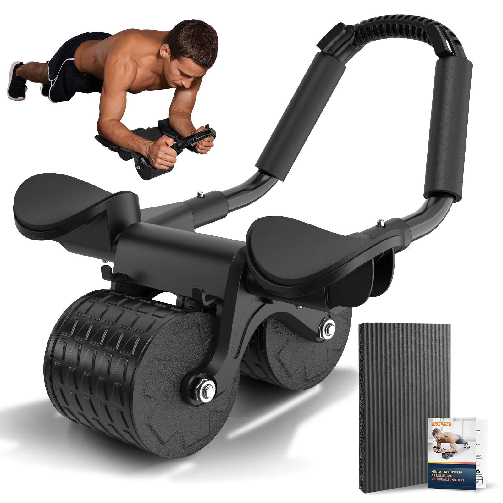 Roue abdominale pour abdominaux - Rouleau de rebond automatique pour l'entraînement des abdominaux - Avec tapis de genoux - Avec support des coudes et doubles roues stables