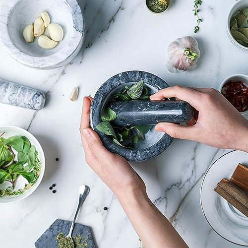 Miniatura 5 de Juego de mortero de mármol y mortero de ajo mortero de granito resistente juego de mortero y mortero con cuchara para 2 tazas tazón grande de