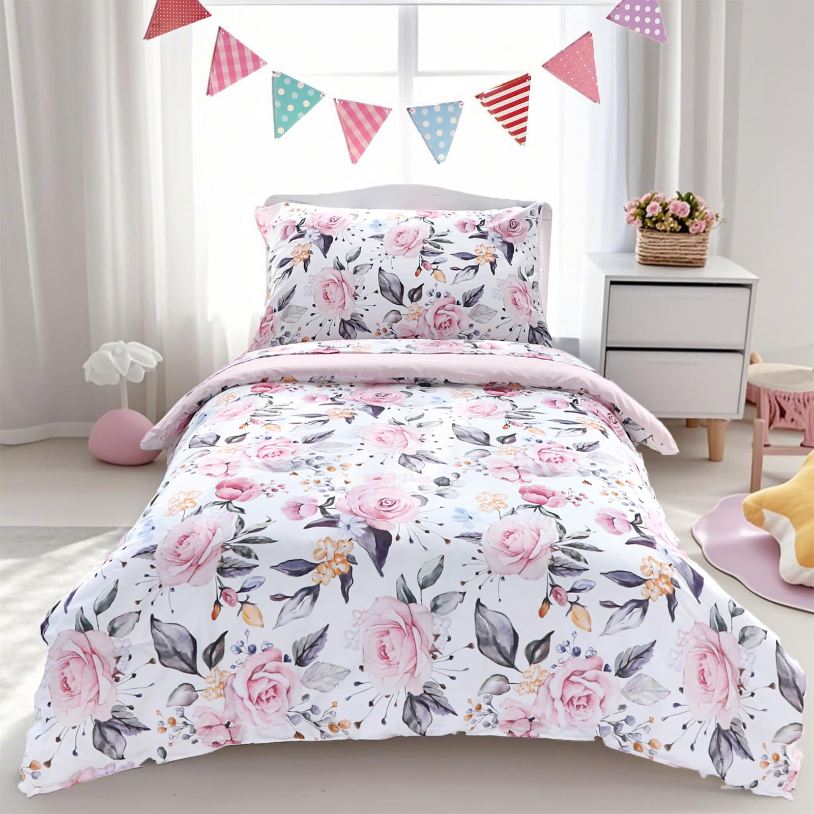 Toddler Bedding Set for Girls, 4 Piece Soft & Breathable Floral Crib Bedding Set, Bed-in-A-Bag Toddler Microfiber Sheet Set, Includes Comforter, Flat Sheet, Fitted Sheet, Pillowcase, Pink