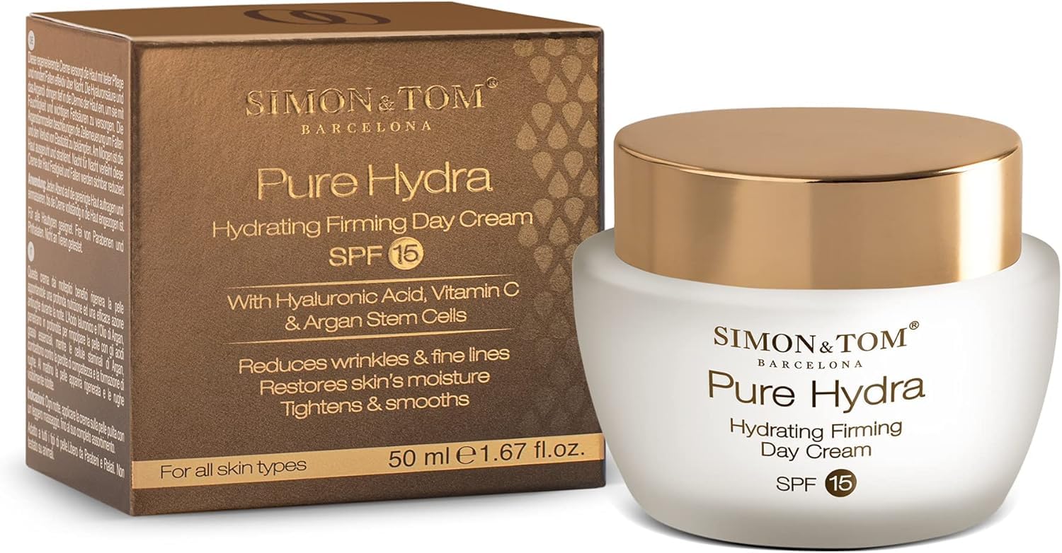 Simon&Tom - Pure Hydra - Crema Viso Giorno - Idratante e Rassodante - Acido Ialuronico Puro - Cellule Staminali di Mela e Argan - Azione Antirughe e Antietà SPF15 - Senza parabeni/50ml Made in Spain