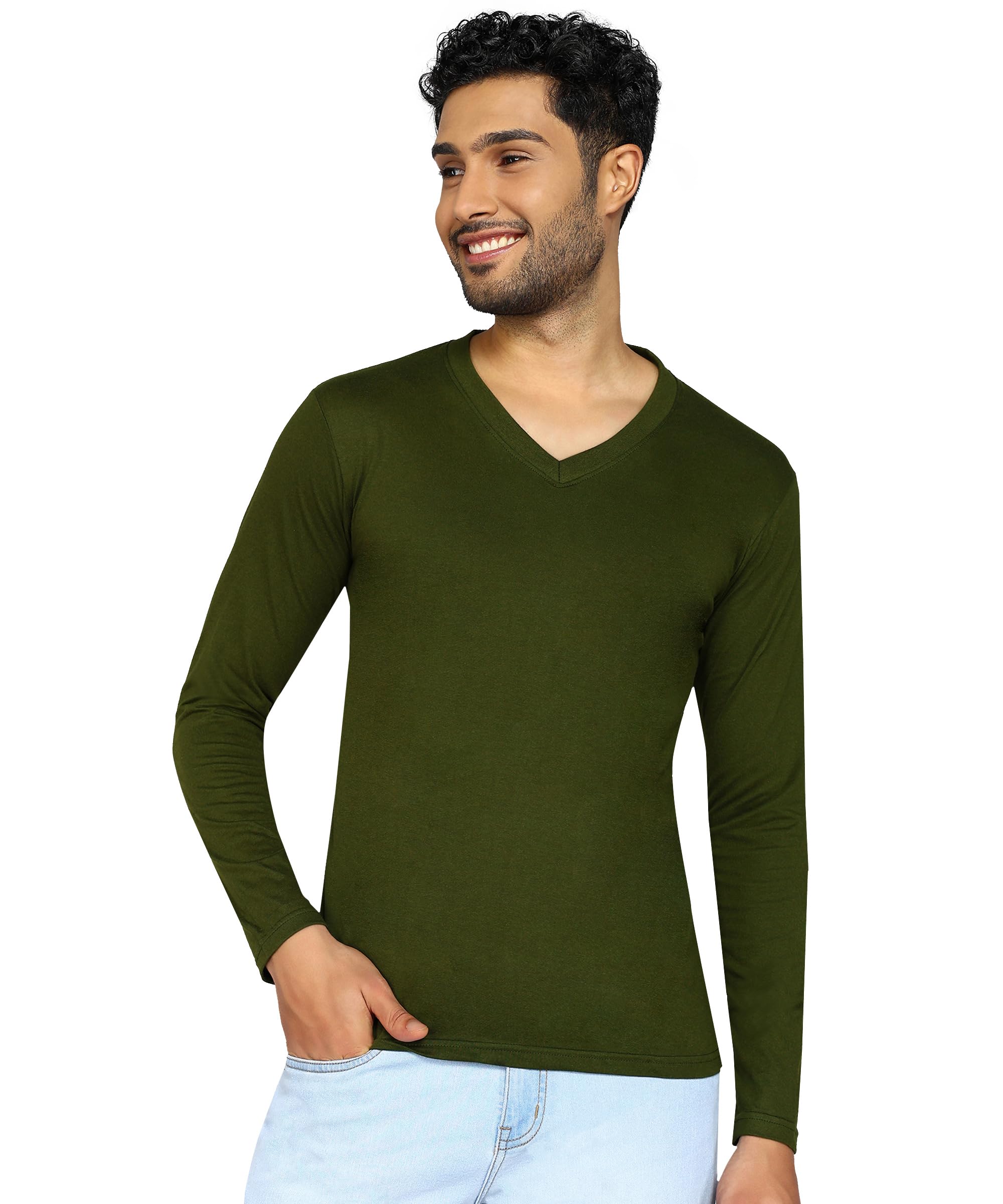 fleximaa Men's Cotton Plain V Neck Full Sleeve T-Shirt-picture-36