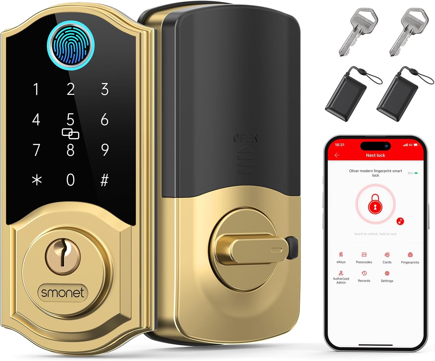 SMONET Smart Lock,Fingerprint Gold Keyless Entry Door Lock,7-in-1 Smart Deadbolt with App Control,Electronic Touchscreen Keypad Biometric Smart Locks for Front Door,Easy to Install
