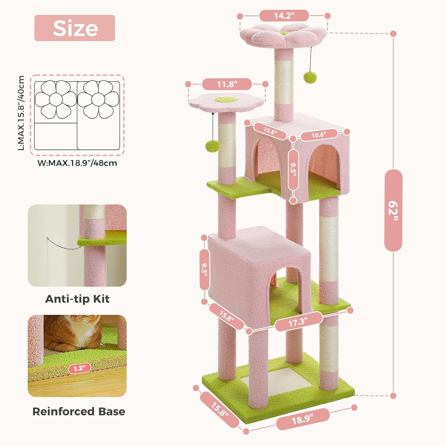 PEQULTI 62" Cat Tree for Indoor Cats, Multi-Level Cat Tower with Cozy Cat Condo Clearance Prime, Pink