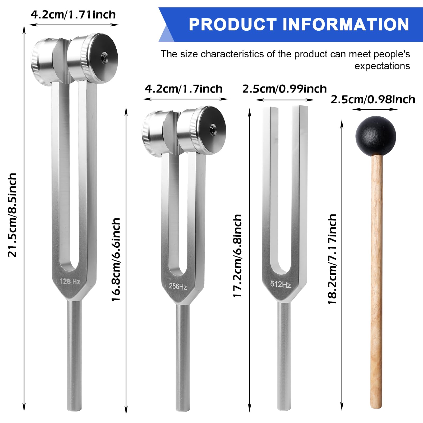 Juego de martillo de horquilla: 3 diapasones de 128 Hz, 256 Hz, 512 Hz, juego de diapasones con mazo + bolsa de tela, diapasones de instrumento, respuesta de frecuencia precisa para terapia de