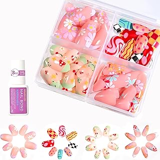 96 Pcs Fingernägel zum Aufkleben Kinder, Süße Künstliche Nägel zum Aufkleben, Blumen-Kirsch-Punkte-u nd-Linien-Designs, Künstliche Fingernägel Geschenk für Mädchen, Press On Nails Kinder