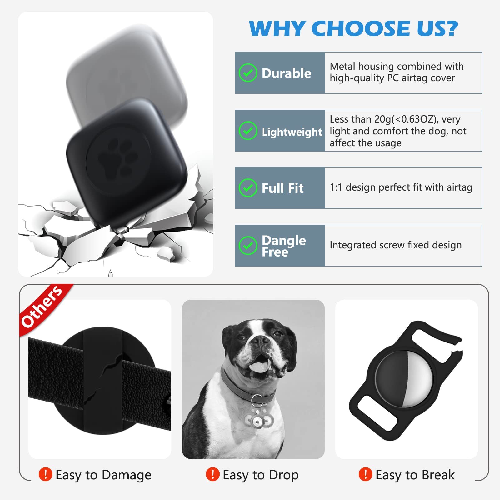 Étui AirTag étanche Pour Animaux - Support Collier Chien/chat Noir | TPU Résistant, IPX8, Léger 15g, 4 Vis Incluses