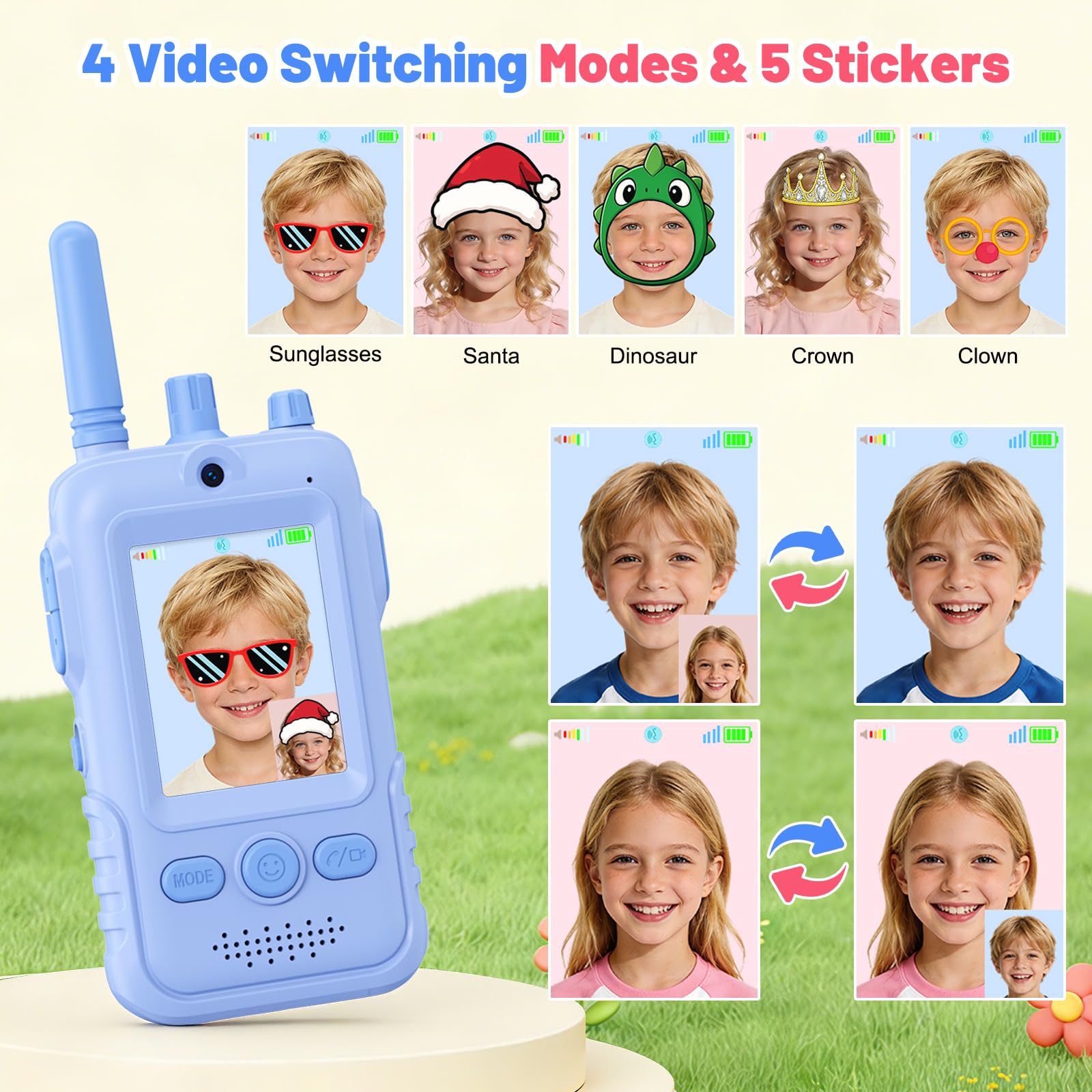 Video Walkie Talkie Bambini, 2 Walkie Talkie Ricaricabili con Display, Telecamera HD& Modificatore Vocale, Lunga Portata, Regalo per Bambini e Bambine dai 3 ai 12 Anni