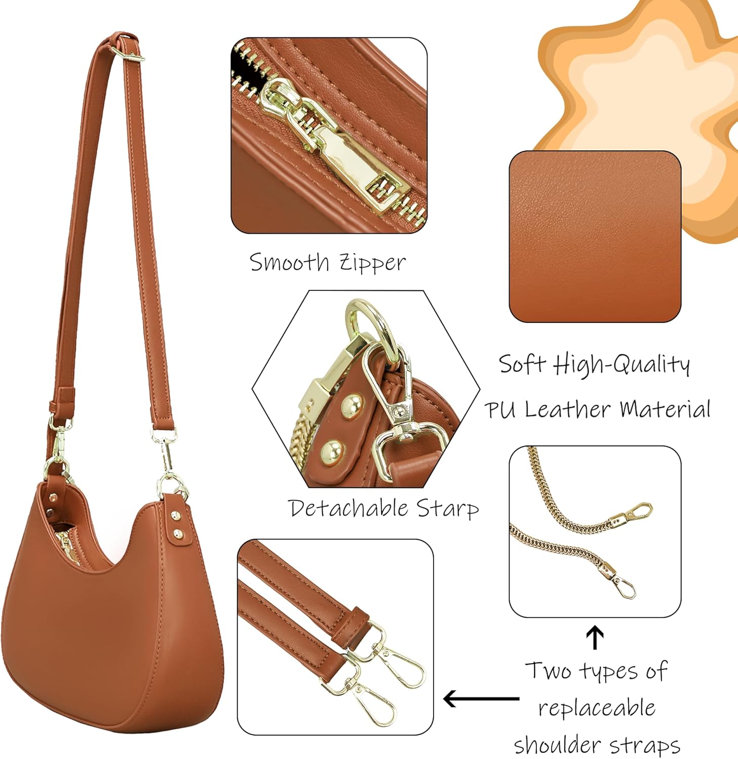 Shoulder Bag for Women PU Leather Crossbody Bags Clutch Purse with Adjustable Strap Crescent Women's Hobo Handbag with Zipper - Image 5