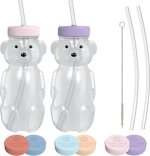 Paquete de 2 vasos de paja con tapa de viaje vaso de oso de paja de 8 onzas para bebés, diseño mejorado de la tapa popote de copa de bebé Honeybear