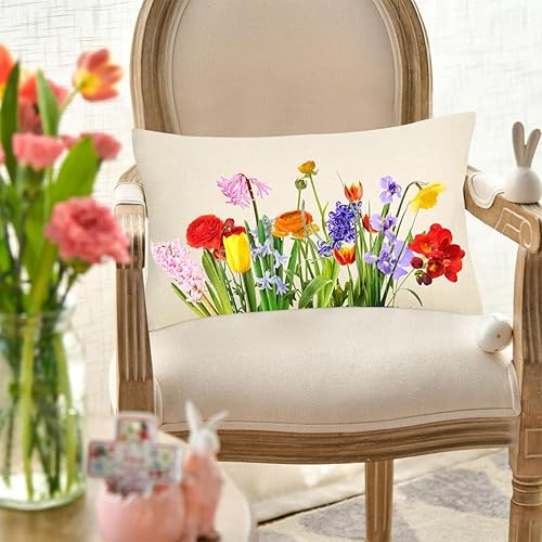 Miniatura 2 de MFGNEH Fundas de almohada de granja de 12 x 20 pulgadas, diseño de tulipanes y flores silvestres, fundas de almohada lumbares, almohadas decorativas