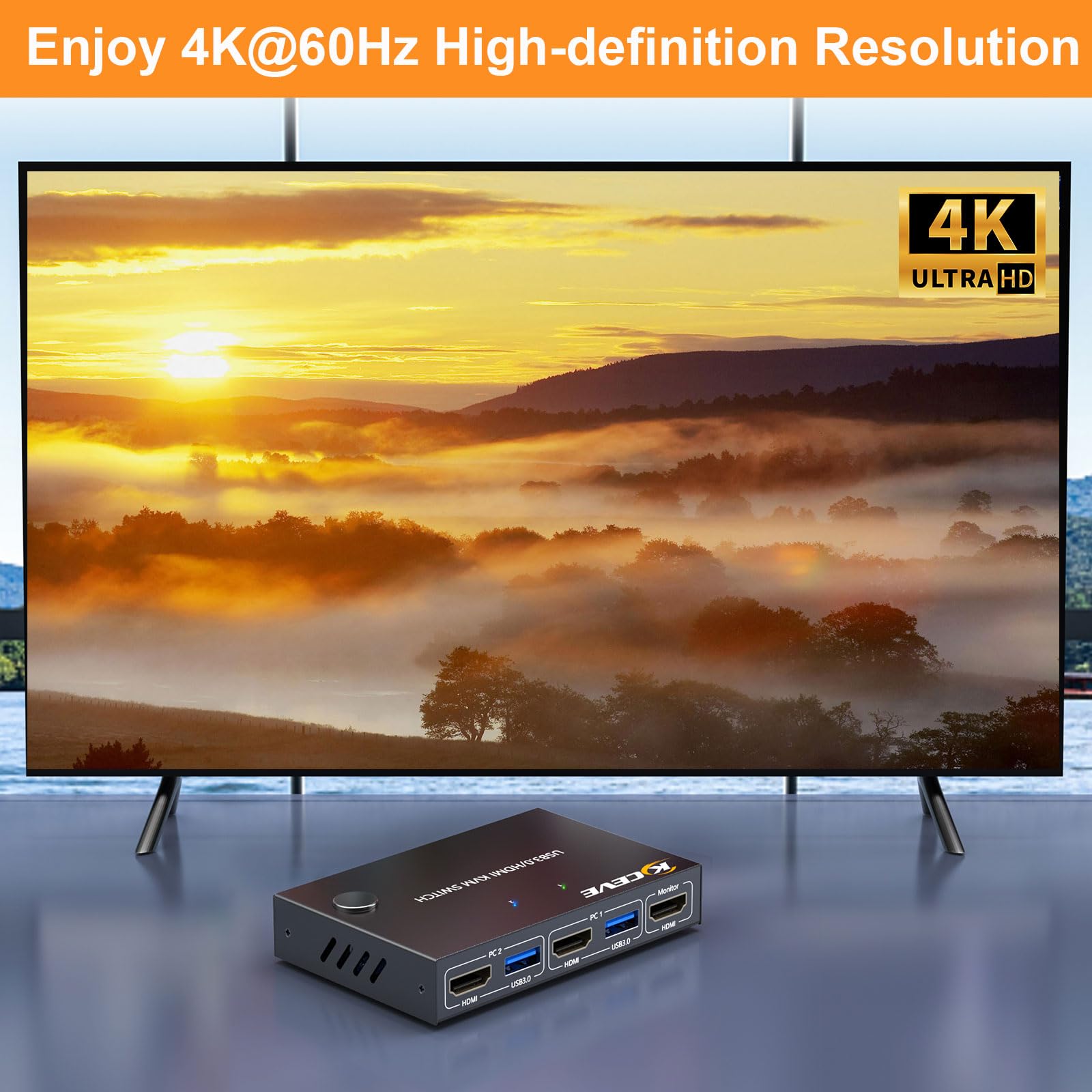 KCEVE Commutateur KVM 1 moniteur, 2 ordinateurs 4K @ 60 Hz, commutateur KVM HDMI pour 2 ordinateurs, 1 moniteur et 4 périphériques USB 3.0, avec télécommande filaire