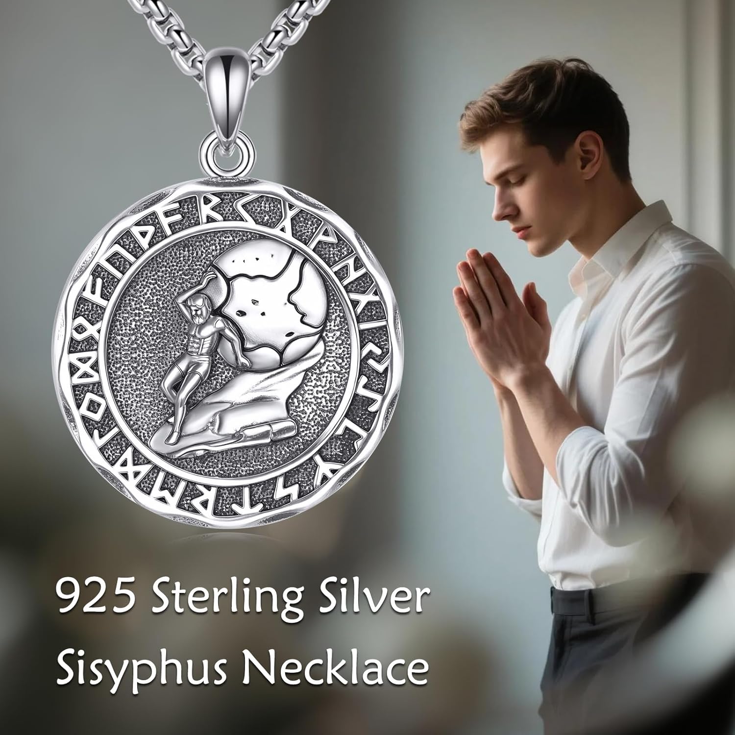 Sisyphus Necklace Sterling Silver 925 - Mythological Greek Figure Pushing Boulder Inspirational Gift for Men Women