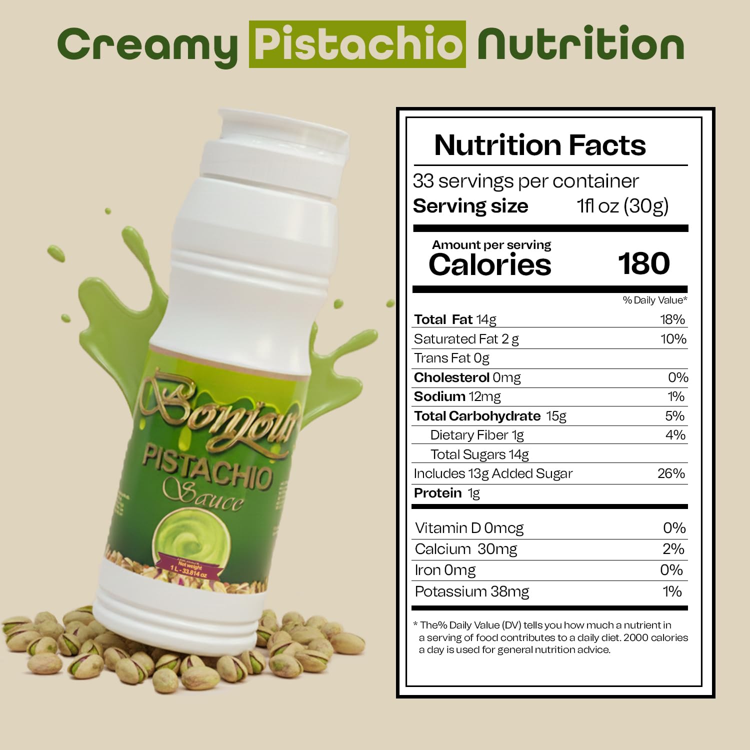 Bonjour Pistachio Cream Sauce - Adds Rich Nutty Flavor & Smooth Finish - Non-GMO Pistachio Sauce Spread & Paste with Butter for Sweet & Savory Dishes - Ideal for Dubai Chocolate - 2.20 LB (35.20 oz)