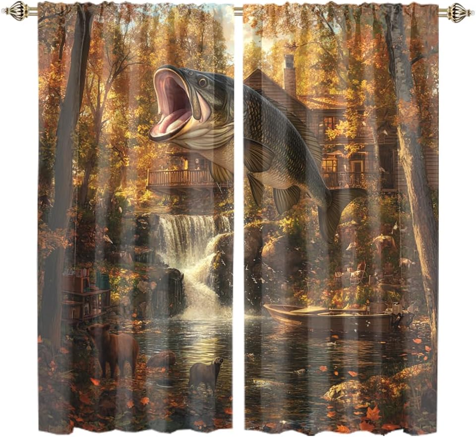 Watercolor Rustic Cabin Animal Cow Blackout Curtains Watercolor Autumn Forest Hunting Theme Fishing Waterfalls Thermal Insulated Curtains for Living Room Bedroom 2 Panels 54" L x 21" W