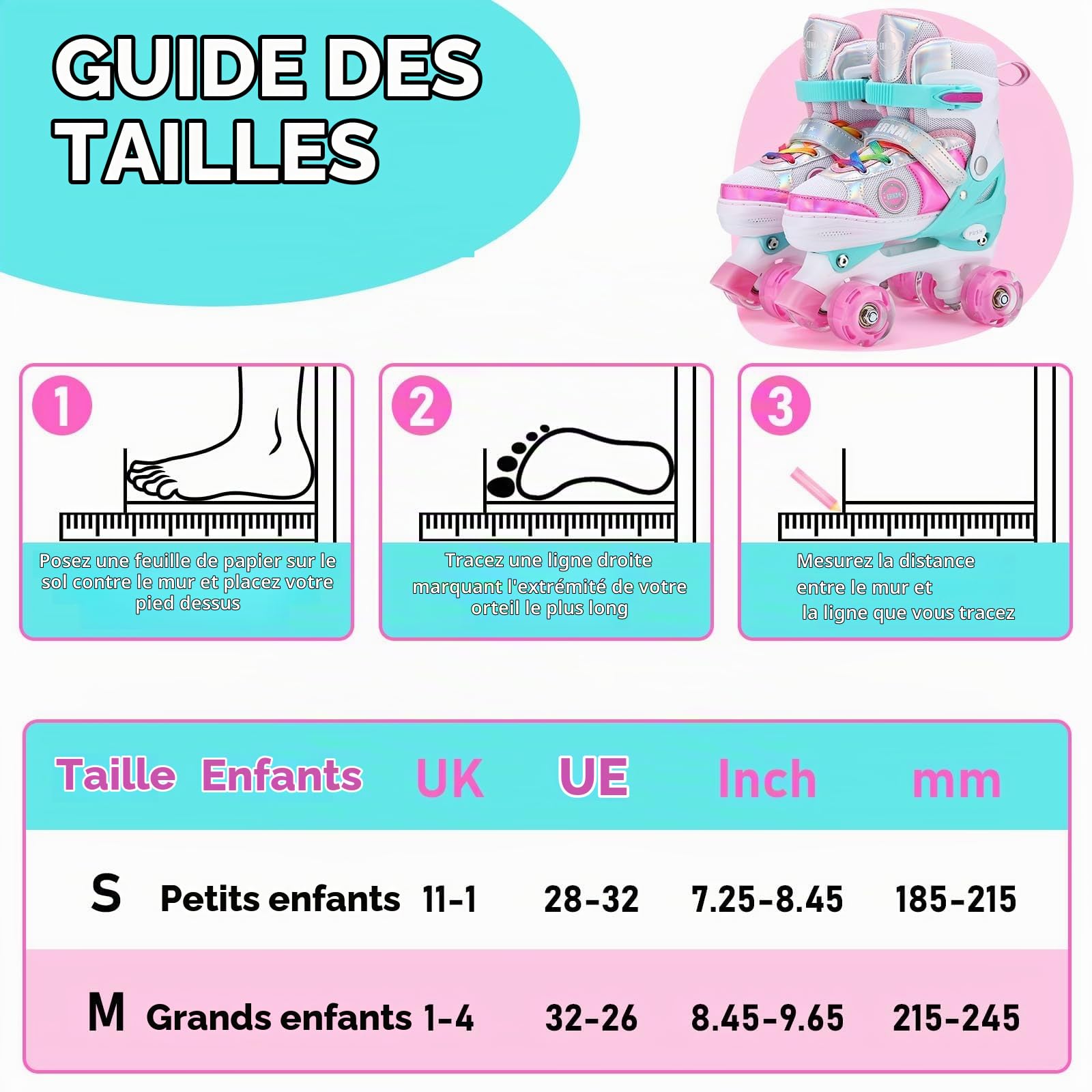 Patins à roulettes Rollers pour Enfants, Rollers Quad pour Filles Garçon Taille réglable, 8 Patins à roulettes Light up Wheels pour Filles et garçons Tout