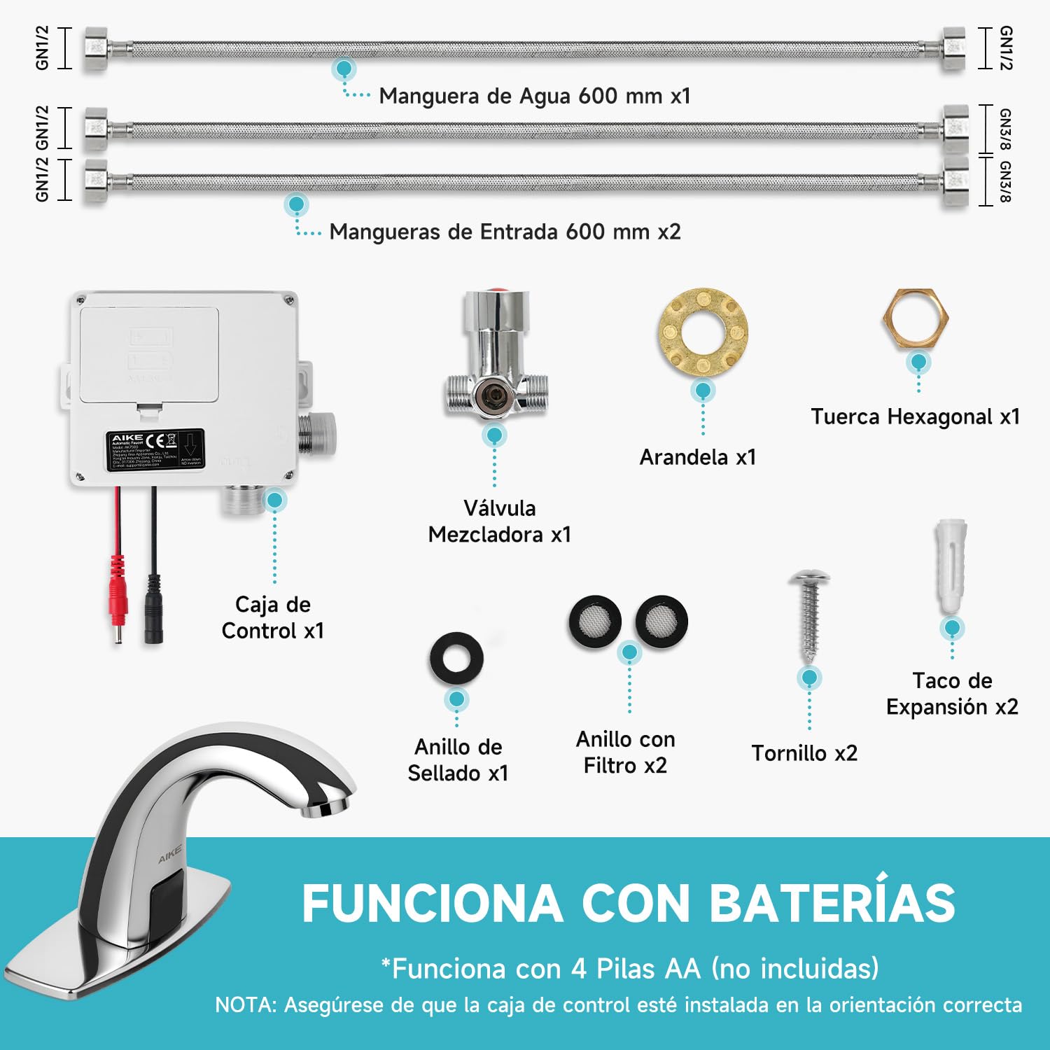 AIKE AK7500 Grifo Sin Contacto para Baño, Grifo Automático con Sensor de Un Solo Agujero con Placa de Cubierta para Baños Comerciales, Cromo