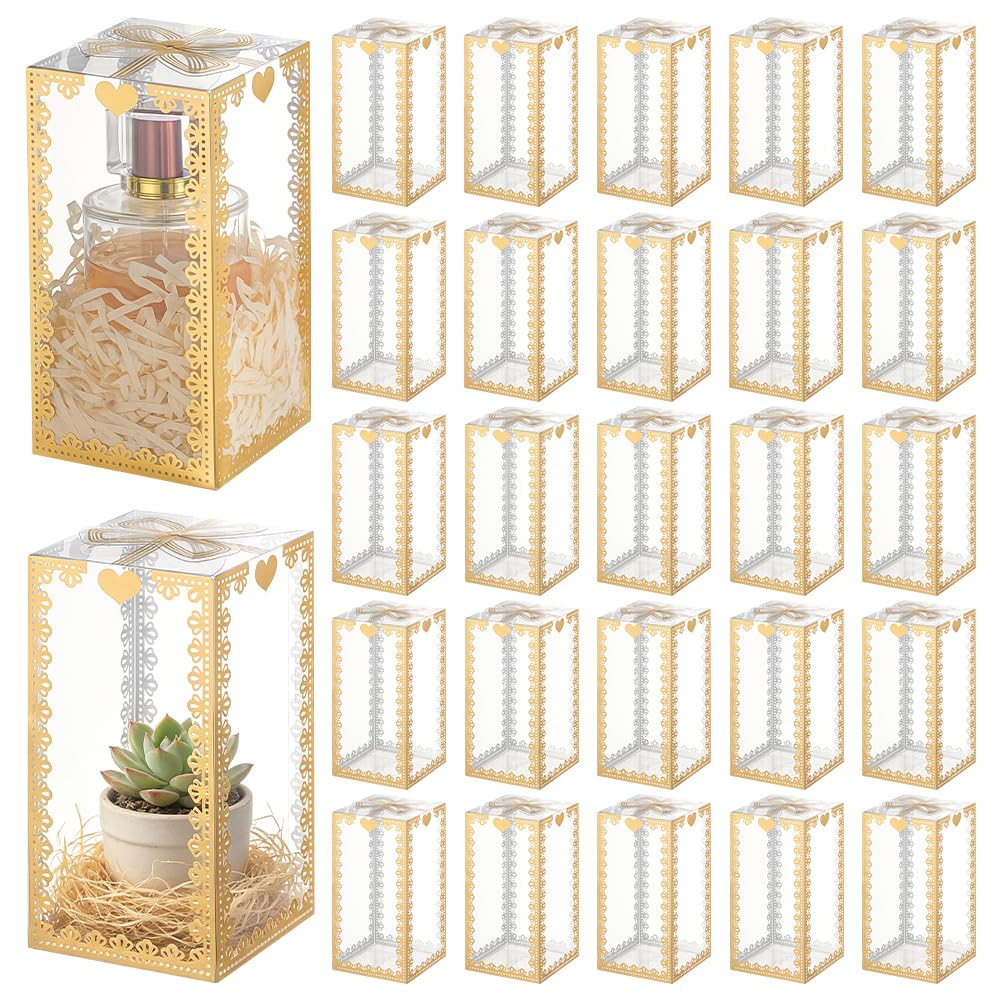 BENECREAT 30 Pack 58x58x150mm/2.28x2.28x5.91inch Golden Bow Knot Clear Plastic Favor Boxes, Transparent Foldable Gift Boxes, PET Packaging Box for Wedding Party Favors and Celebration