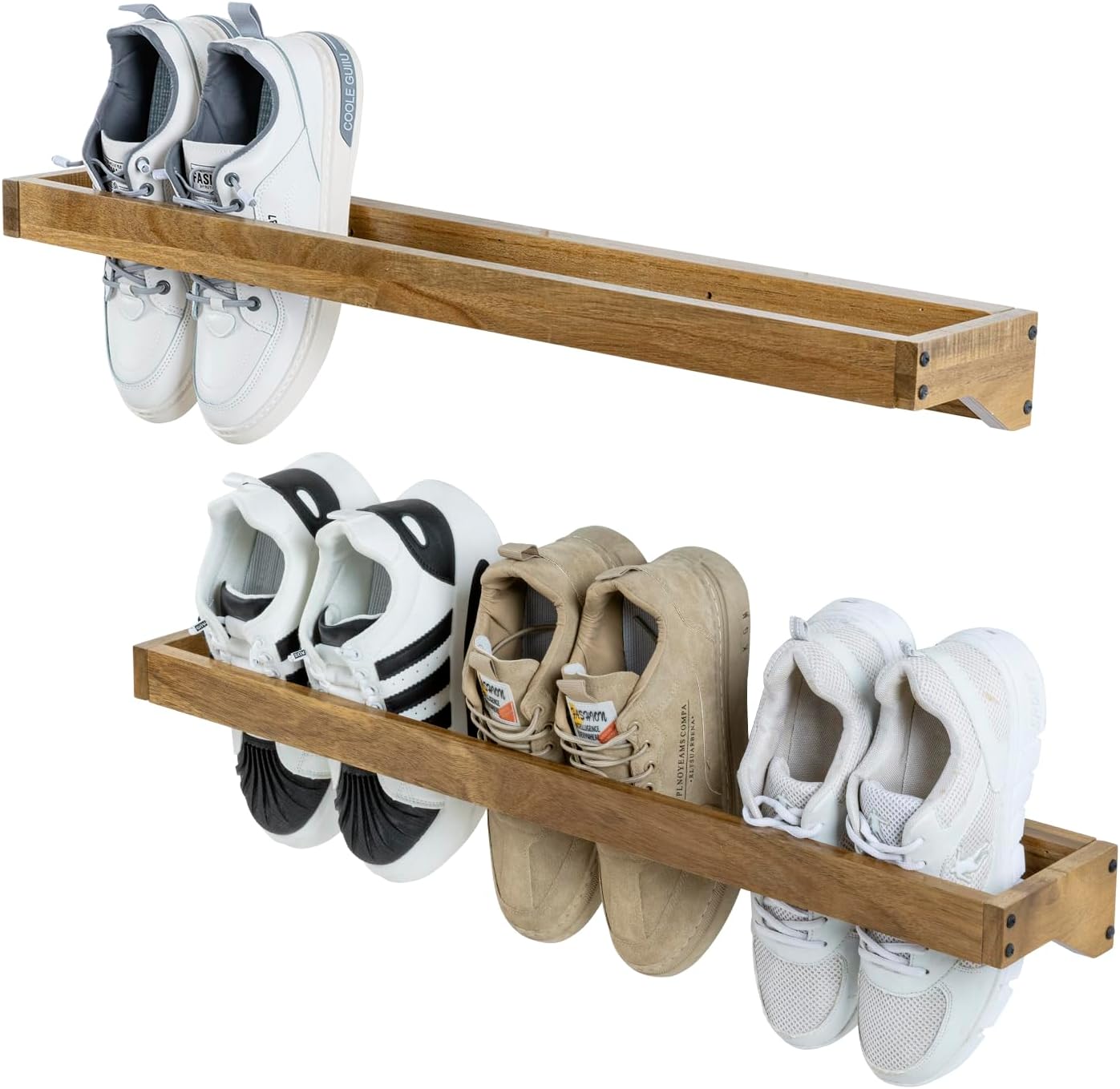 mygift 30 inch premium acacia solid wood hanging shoe rack, set of 2 wall mounted storage organizer footwear holder for closet, mudroom, entryway, holds 6 pairs acacia wood-2 set of 2