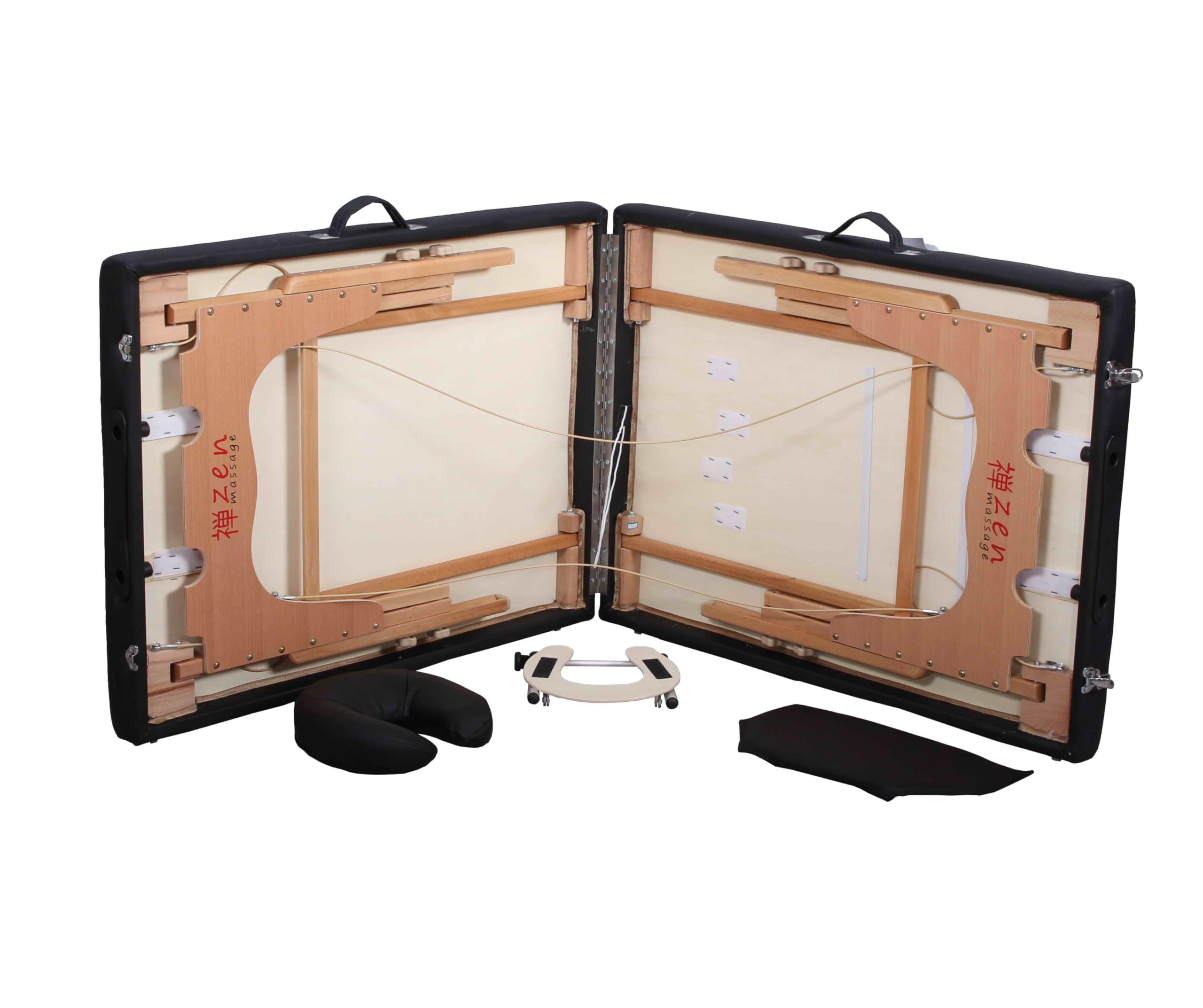 ZEN Basic Niveau Massage-Liege klappbar und höhenverstellbar – mobiler Massagetisch aus Vollholz mit abgerundeten Kanten für aktive Massagestile, Aluminium-Kopfteil und Kosmetik-Tisch Tasche (Schwarz)