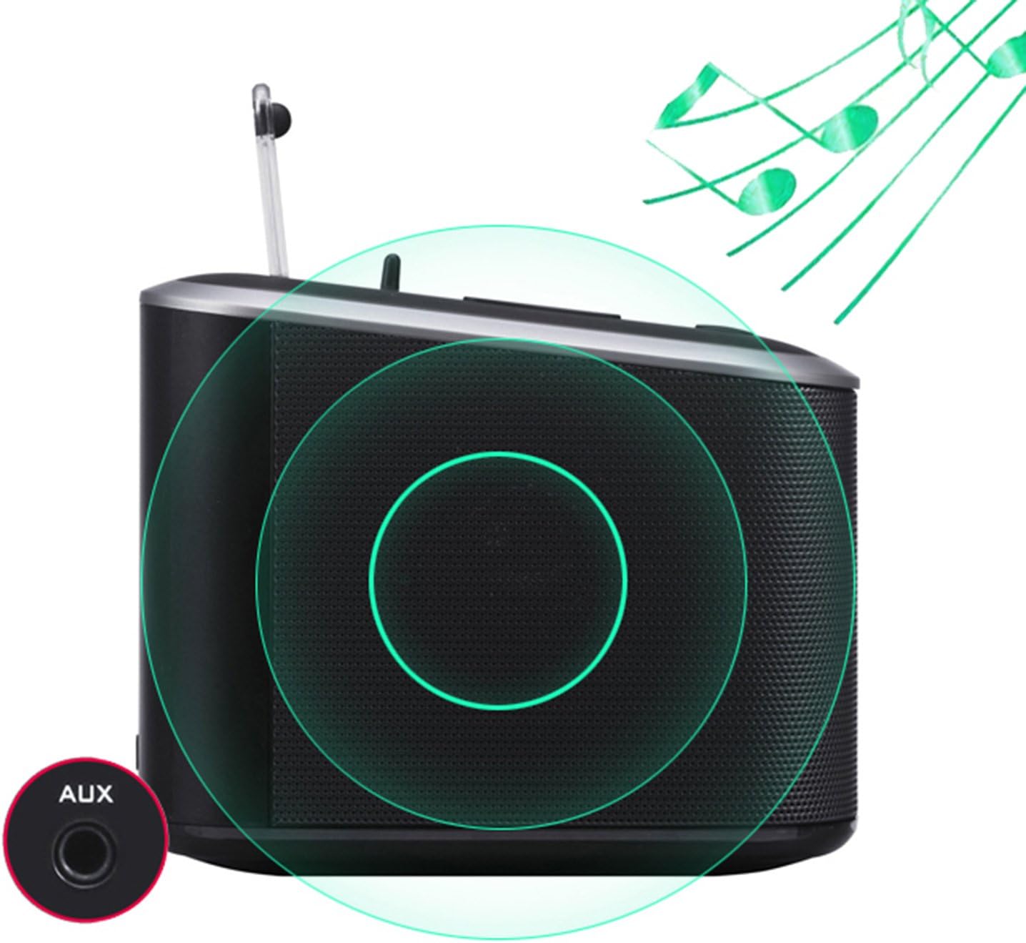 Homtime Alarm Clock Radio with AUX-in port highlighted, indicating wired audio input