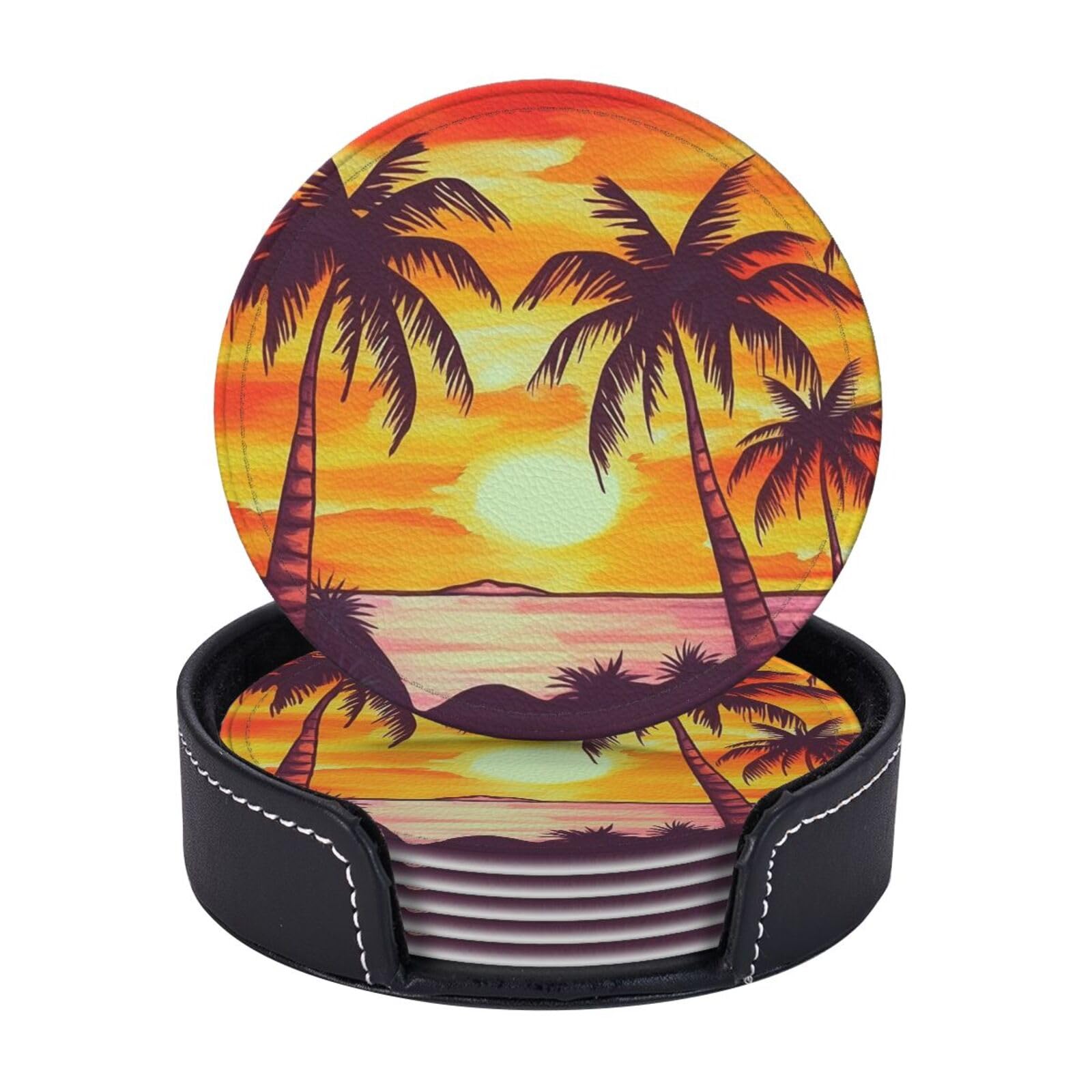 6PCS Drink Coasters with Holder, 4" Leather Coasters for Drinks, Sunset Palm Tree Cup Coasters for Coffee Table Decor, Non-Slip Drinking Cup Mat for Hot or Cold Drink