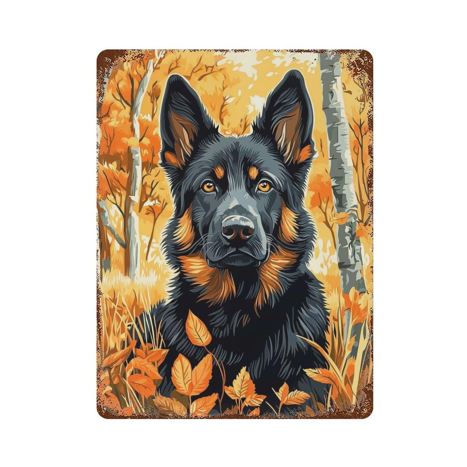 Garage Style German Shepherd in Autumn Decorative Tin Sign 15.7"x11.8", Rustic Home Decor for Bar And Workshop