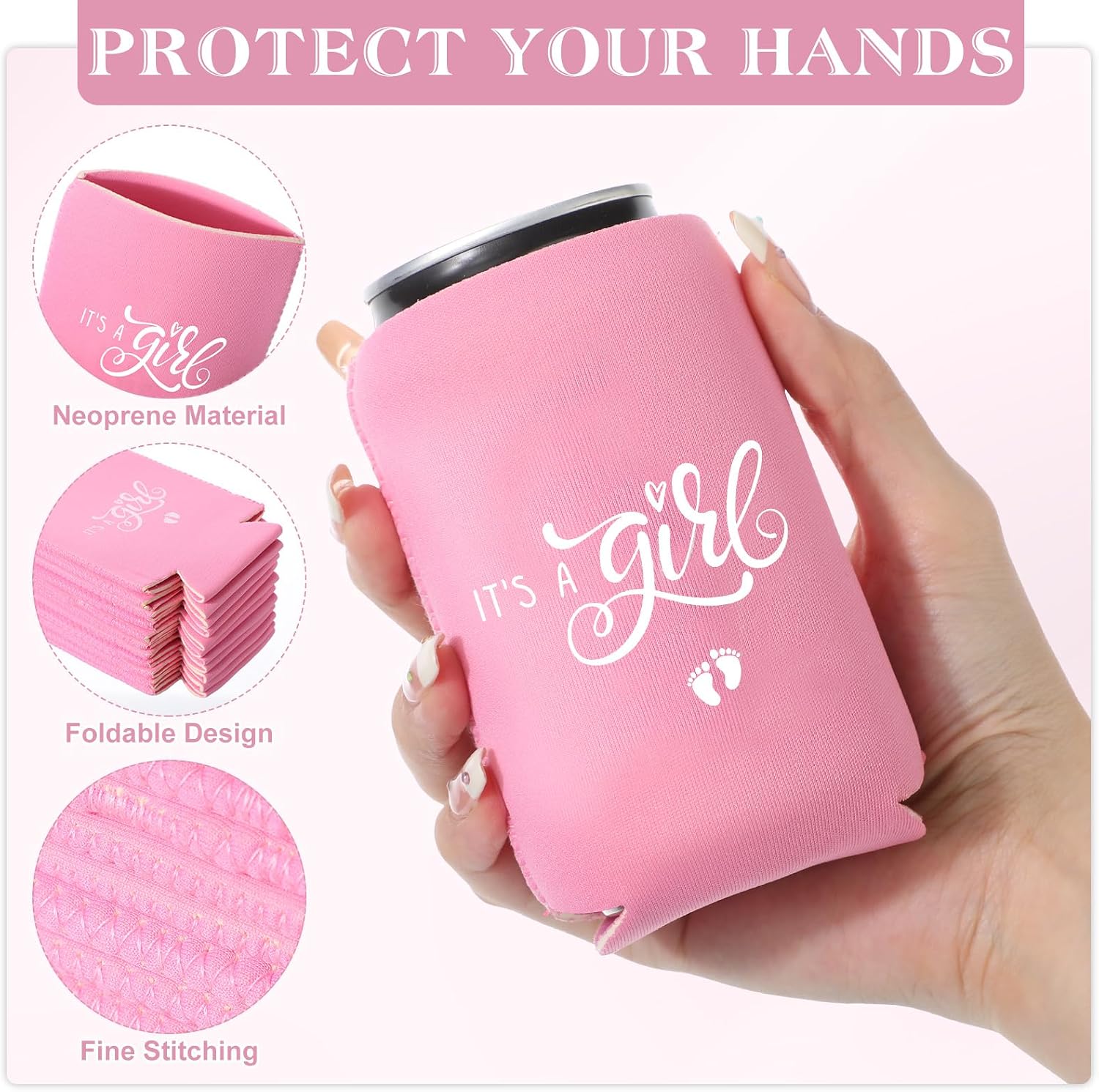 Mifoci 50 Pcs Baby Shower Decorations It's a Girl Pink Party Can Cooler Beer Sleeves for Gender Reveal Party Favors Can Sleeves for Baby Shower Beverage Soda Water Bottle, 12oz