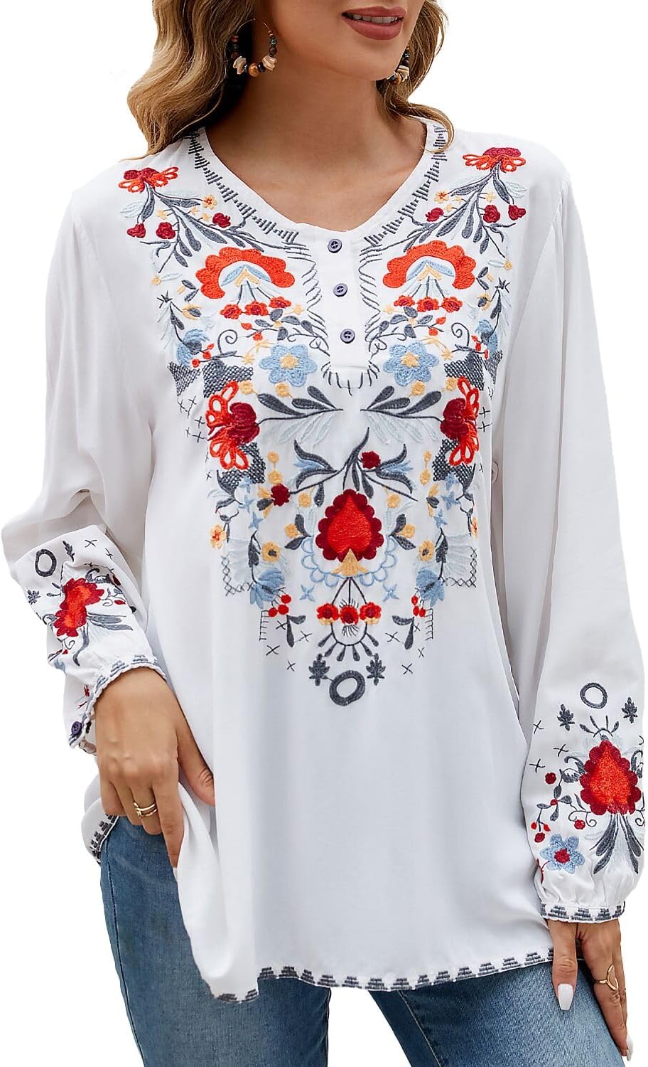 Womens Embroidered Tops Fall Shirts Long Sleeve Casual Mexican Blouses Loose Peasant Tunic Trendy Clothes - Image 2