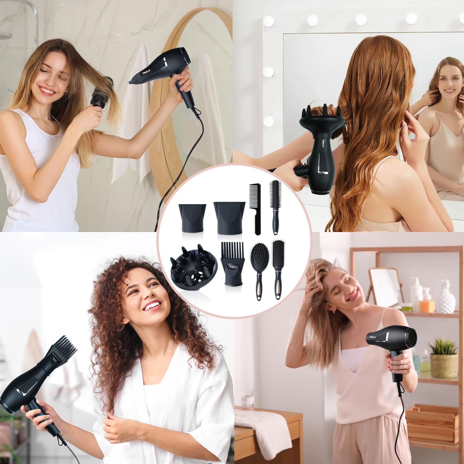 Sèche-cheveux ionique Salon de séchage rapide 2100W Sèche-cheveux professionnel 2 concentrateur 4 peignes 1 diffuseur Salon familial à friser avec bouton froid (Noir)