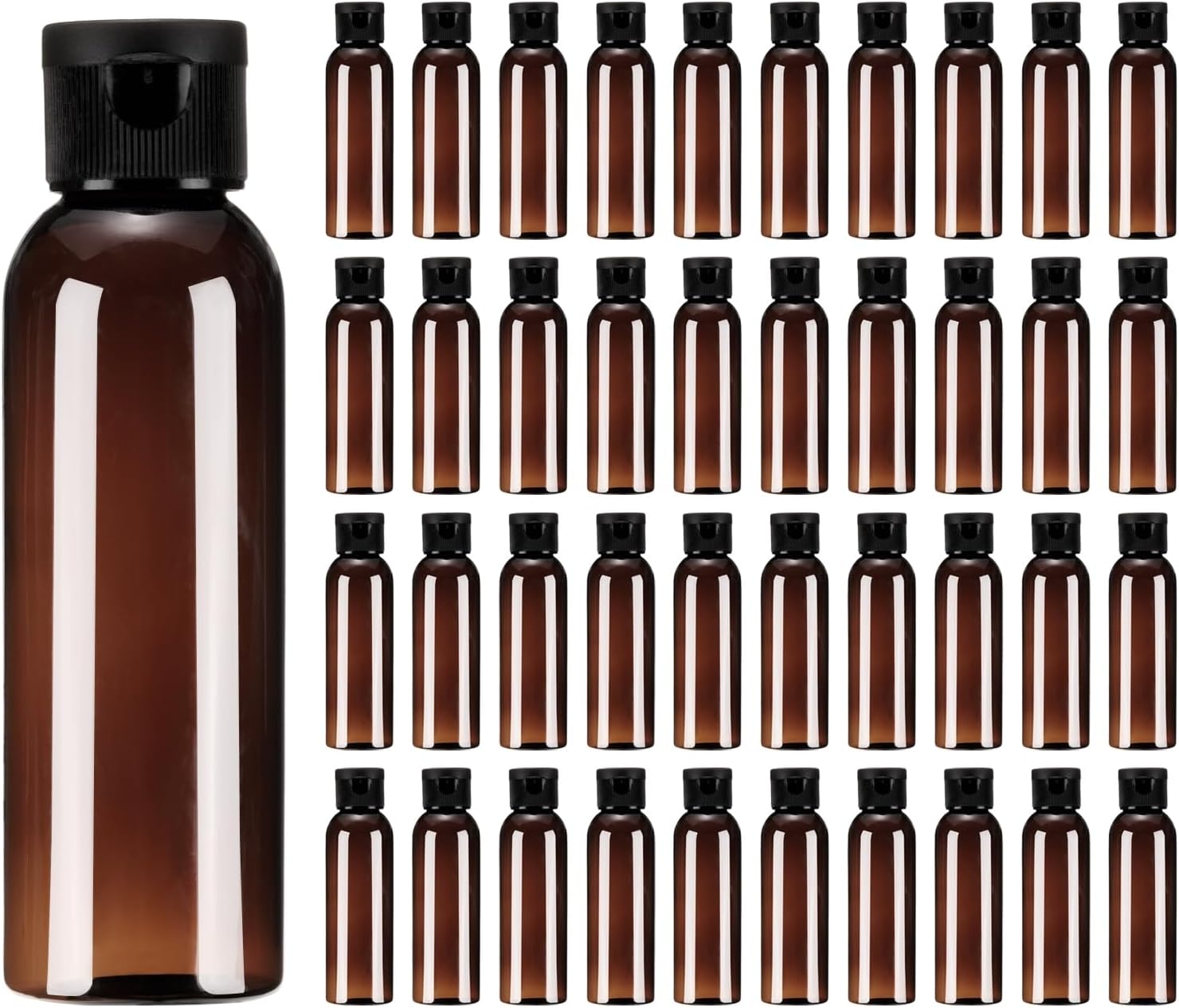 uxcell 2 Oz Plastic Bottles with Flip Caps, 100 Pcs Reusable Travel Size Containers with Lids Plastic Squeeze Refillable Dispensing Bottles for Shampoo, Body Soap, Toner(Brown Black)