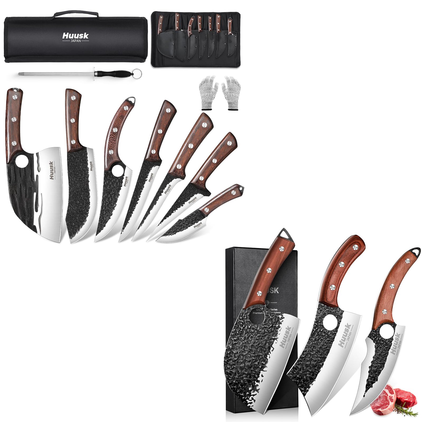 Huusk Butcher Knife Set for Meat Cutting 17pcs Viking Kitchen Knives Serbian Chef Knife with Roll Bag Butcher