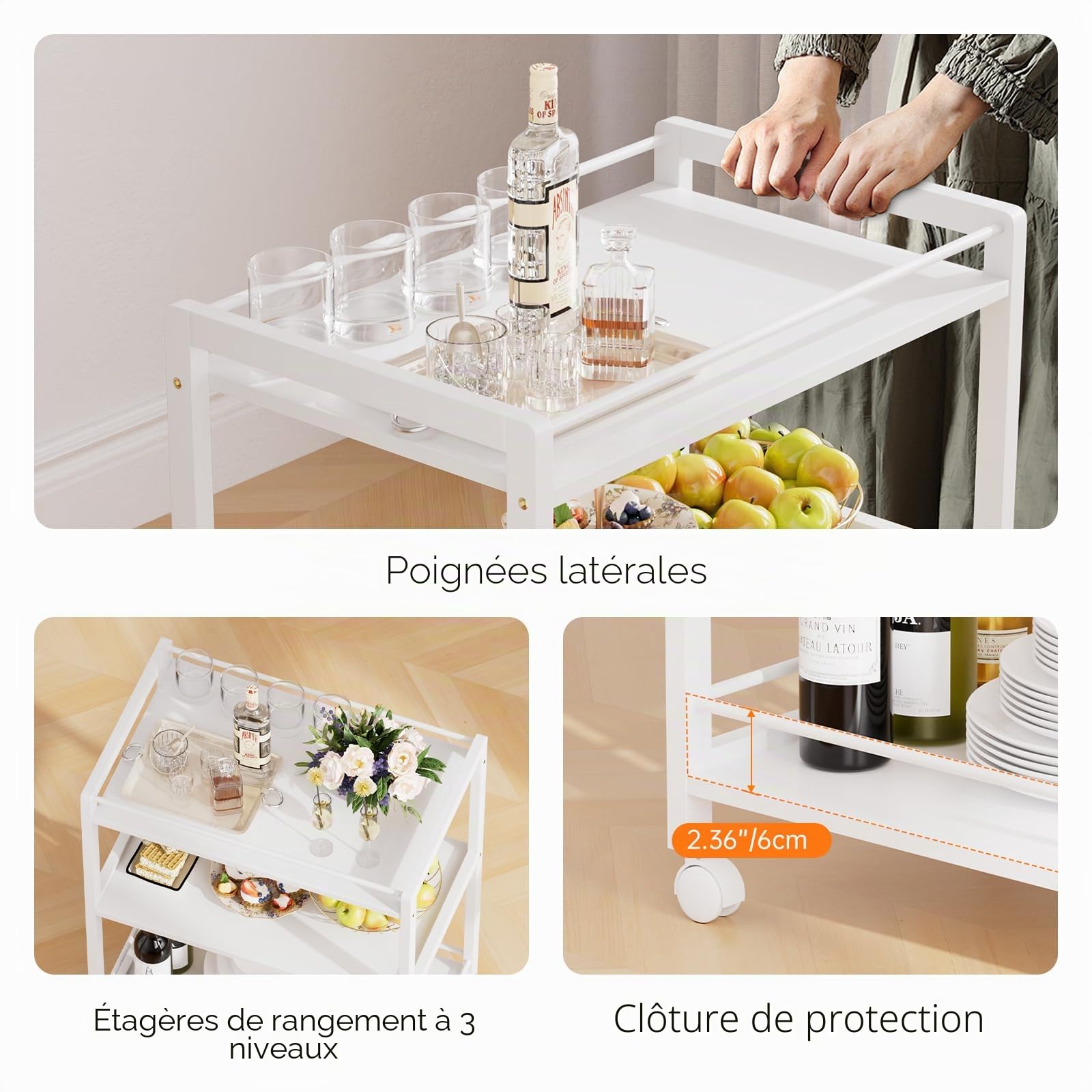 HITNET Chariot de Bar Blanc, Desserte pour Boissons, Chariot de Service à 3 Niveaux sur roulettes, Chariot de Cuisine Roulant pour la fête à la Maison