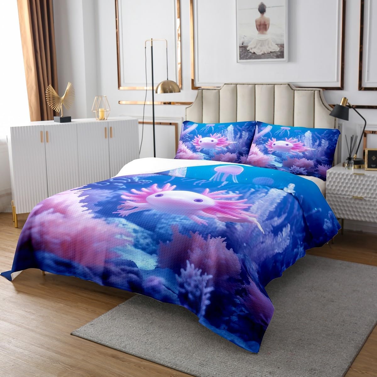 Erosebridal 3D Axolotl Twin Bedspread Set, Fantasy Cute Jellyfish Soft Coverlet Set & Bedspread for Kids Girls Boys, Kawaii Newts Underwater Quilt Set for Bed, Kids Animals Room Decor Bedding Set