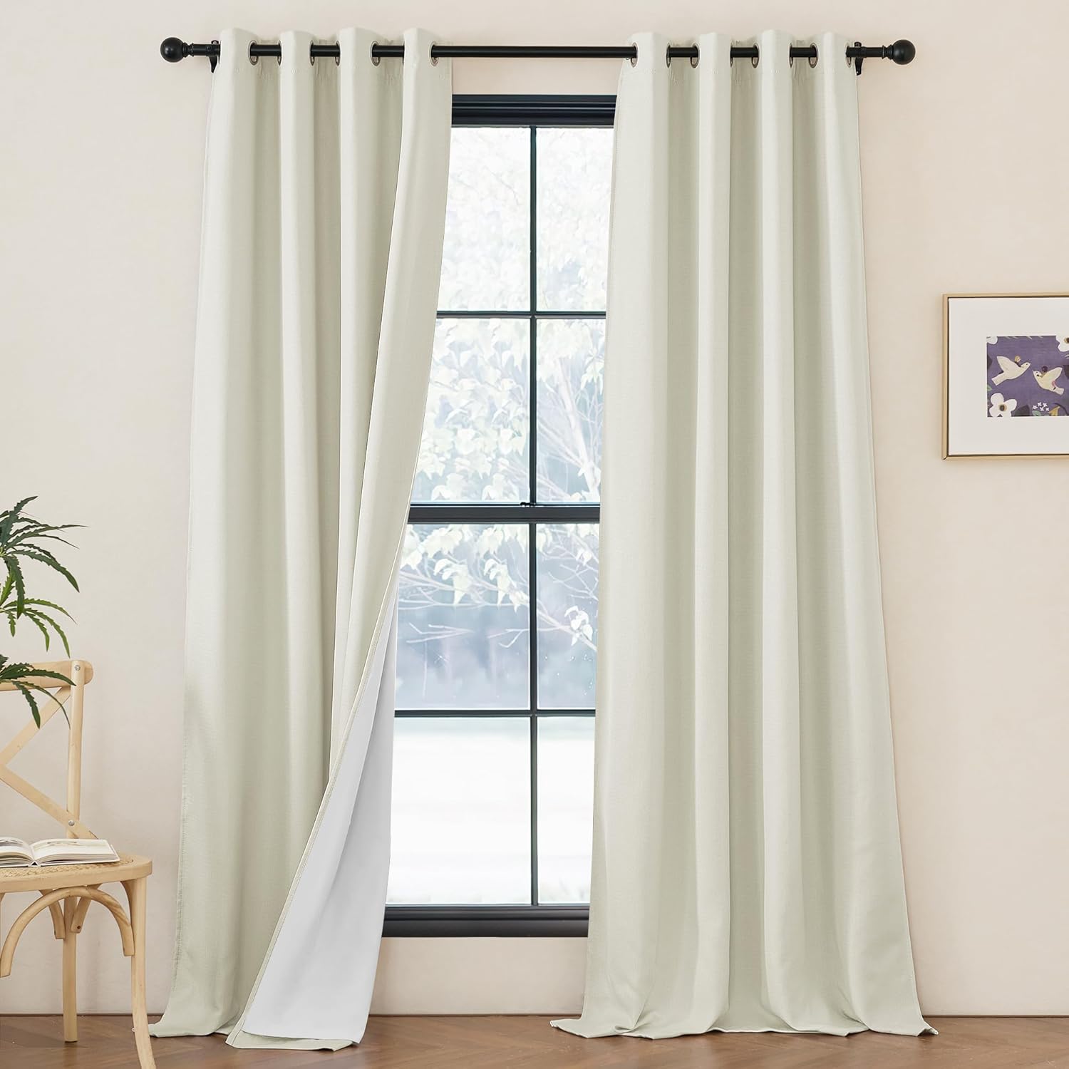 NICETOWN Faux Linen 100% Blackout 90 inch Curtains, Silver Grommet Thermal Insulated 2 Layers Window Treatments Sound Dampening for Living Room/Bedroom, Natural, W52 x L90, 2 Panels 52"W x 90"L (Pack of 2) Vanilla