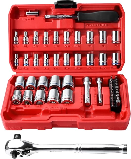 Socket Set SAE & Metric, LLNDEI 55PCS 3/8"1/4"Inch Drive Ratchet Wrench Handle-Dual Head 72-Teeth Professional, Multi Sockets 6 Point, CR-V, Universal Joint, Extension Bar, Bit Coupler, Spinner Handle