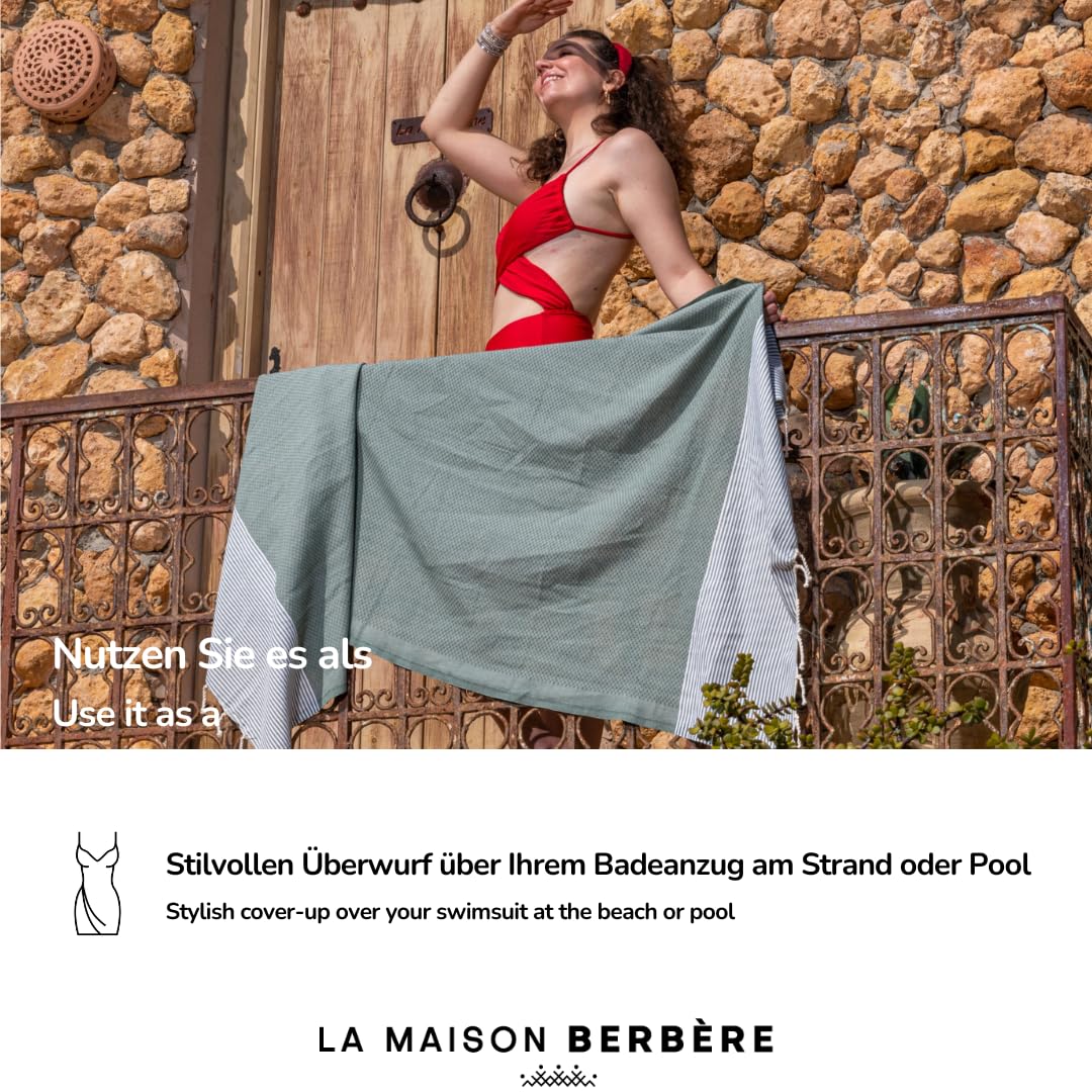 Fouta XXL Lot de 2 Serviettes de Plage, de Sauna, de Sauna, de Plage, pour Homme et Femme, 100 x 200 cm, 100% Coton, Saumon et Olive, Gris-Marron