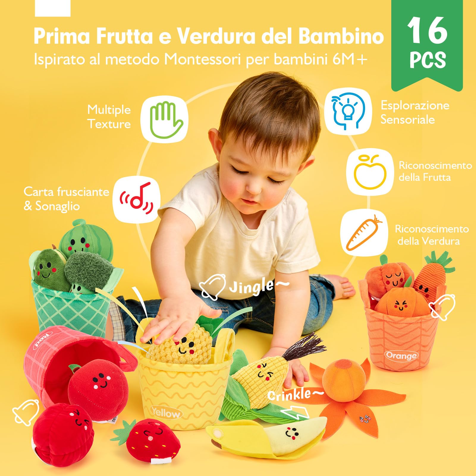 hahaland Giochi Montessori 6 Mesi - 16 PCS Frutta e Verdura Giocattolo in Peluche con Sonaglio e Cestino, Gioco Bambino Educativi Regalo Bimbo Bimba 6 9 12 Mesi