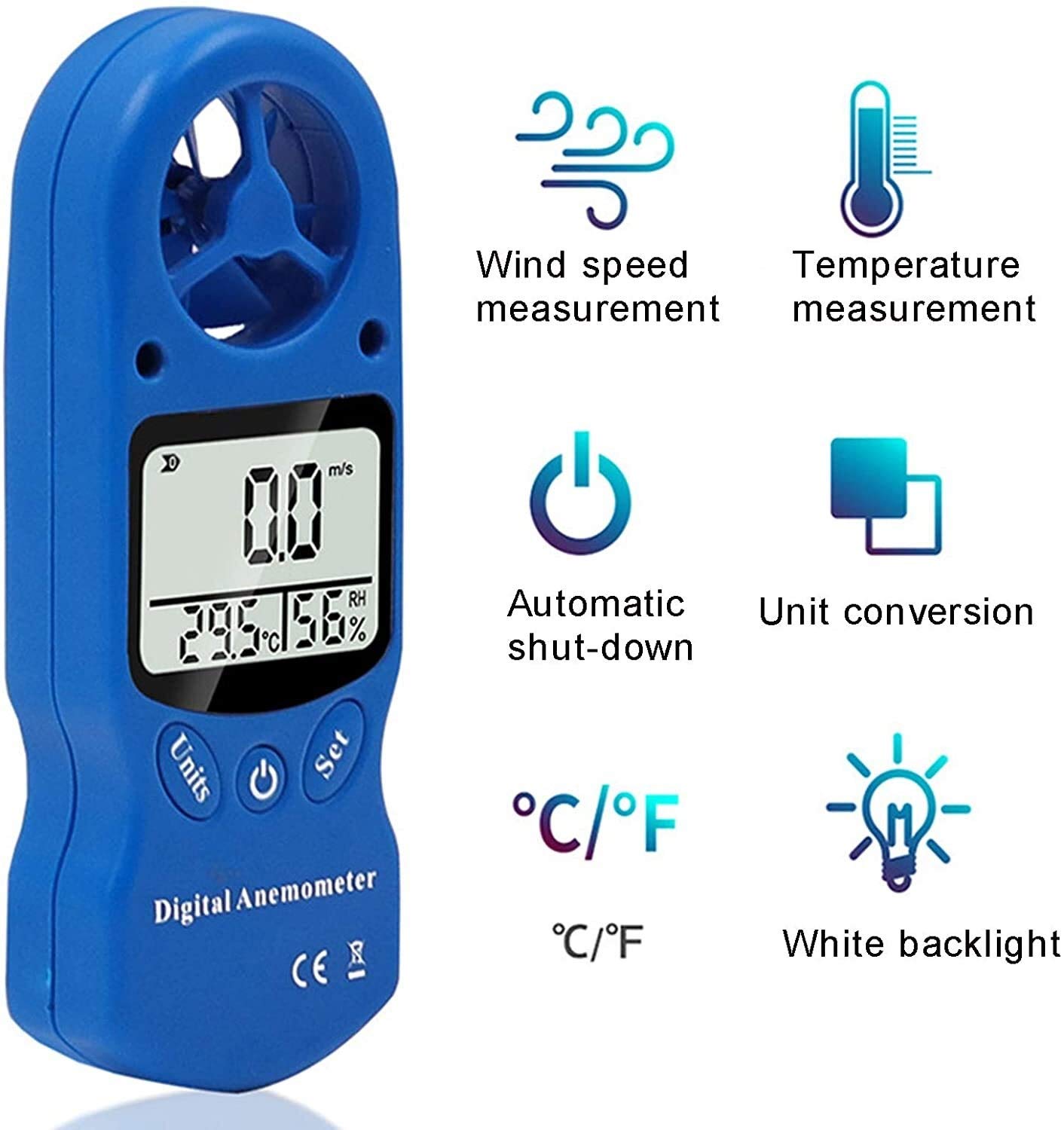 JJJ Anemometro Portatile, per velocità del Vento, misurazione della Temperatura e dell'umidità, 5 opzioni dell'unità di misurazione, con retroilluminazione LCD