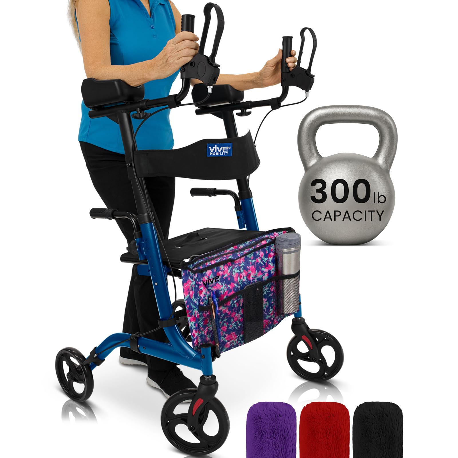 Vive Mobility Upright Walker with Seat, for Seniors, Women - Stand Up Rollator, Arm Rests, Heavy Duty, Folding Medical Aid Scooter for Elderly, Seniors - Walking Foldable Assist (Blue, Floral Bag)