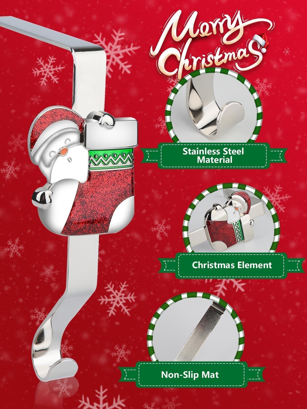 EBANKU 4 pezzi Porta calze di Natale per camino, 4 porta calze da camino argentati, ganci antiscivolo robusti per mensole di Natale Decorazione Regali
