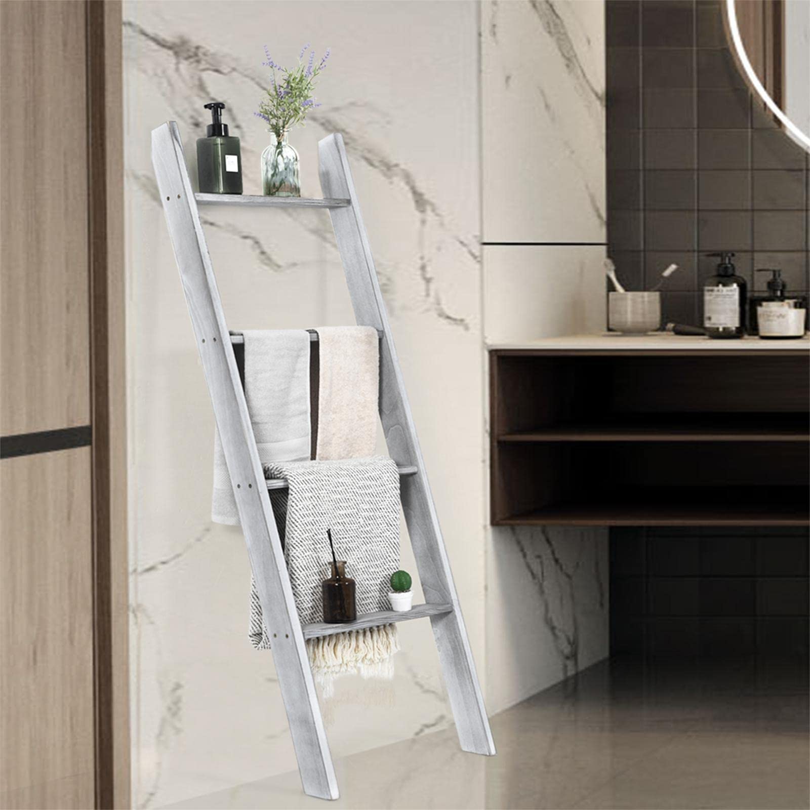 GIANTEX Toallero Escalera de Baño con 4 Barras para Colgar Toallas y Ropas, Estantería contra la Pared, 50 x 50,5 x 128,5 cm, Toallero de Madera 4 Niveles para Baño, Salón, Dormitorio (Gris)