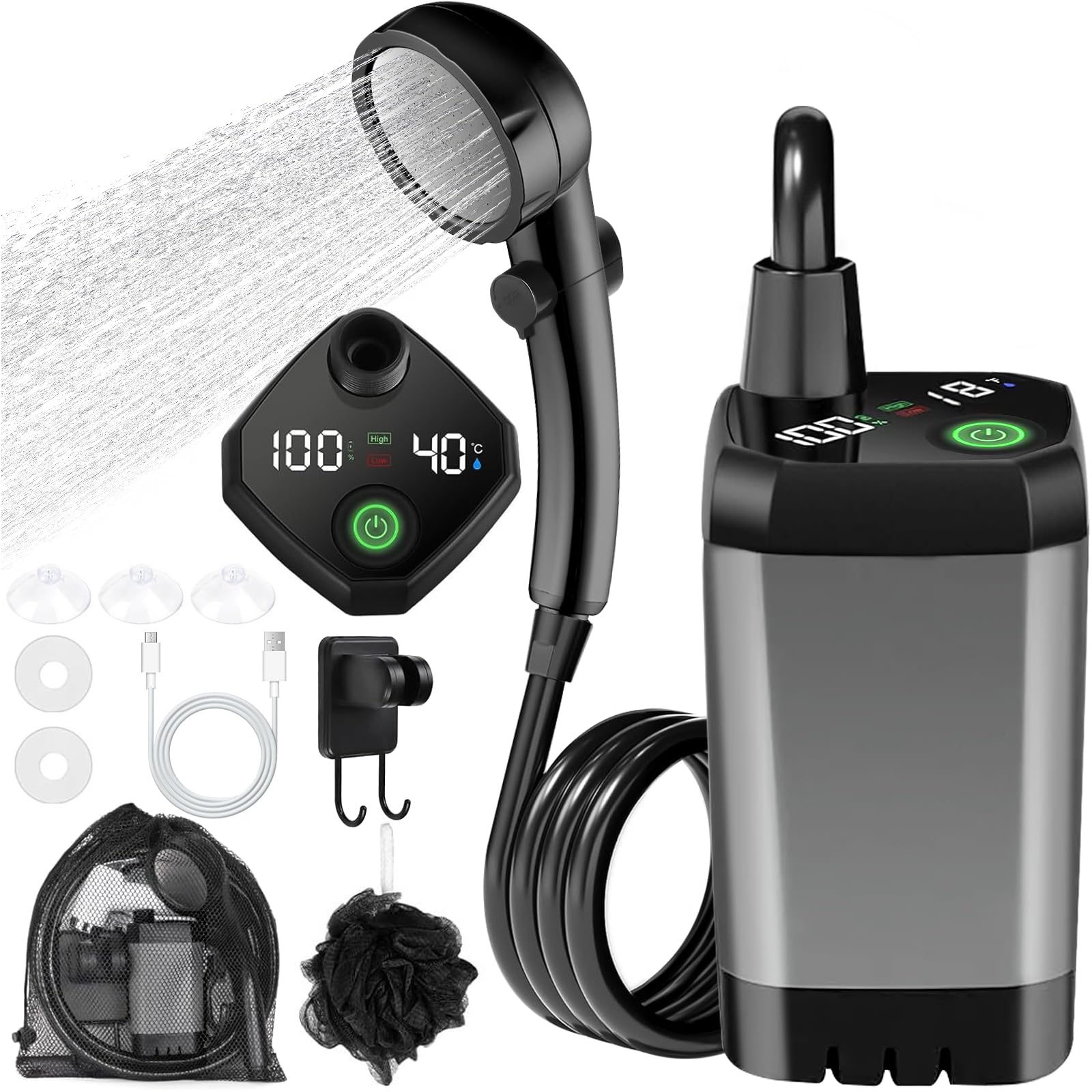 Doccia da Campeggio, Doccia Portatile Campeggio, Doccia Ricaricabile Portatile da 6000 mAh, Doccia Campeggio con Display Digitale Intelligente, per Camper, Spiaggia, Auto, Giardino, Animali