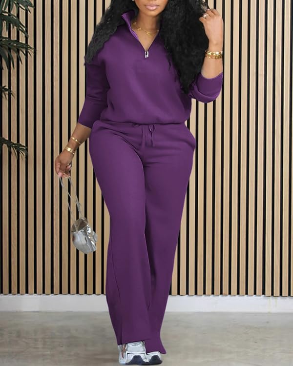 Adogirl Women Two Piece Outfits Sweatsuit Set Fall Long Sleeve Half Zip Sweatshirt Wide Leg Sweatpants Tracksuit Lounge Matching Sets Purple M by Adogirl - Image 2