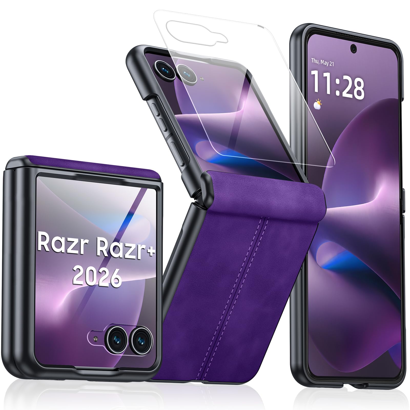 for Motorola Razr+ Plus 2026 Case/Razr+ Plus 2025 Case with Hinge Protection &amp; Built-in Outer Screen Protector, PU Leather Matte PC Shockproof Cover, Ultra Slim Case for Razr+ 2026/2025-Purple