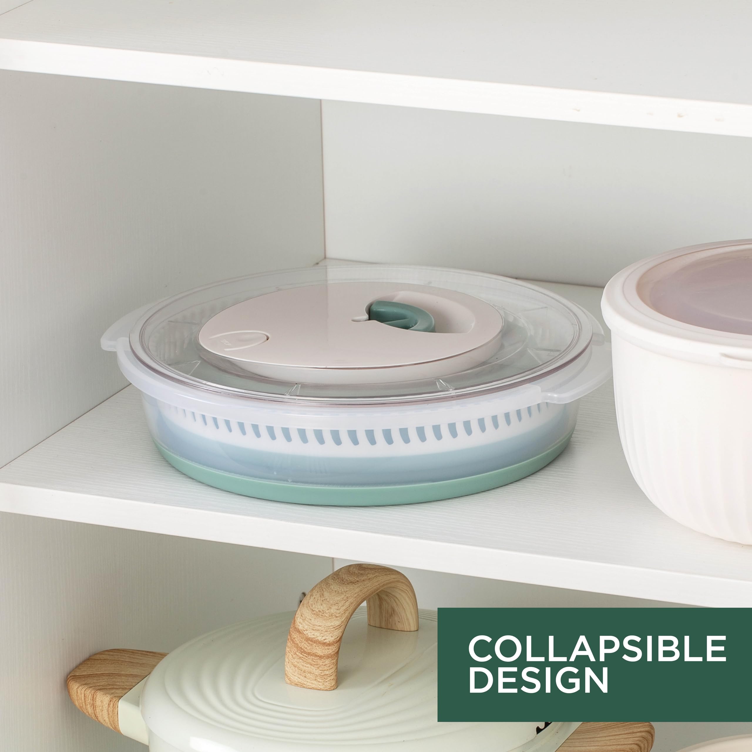 COOK WITH COLOR Zusammenklappbare Salatschleuder, platzsparender Salattrockner mit faltbarem Sieb, ideal zum Waschen und Trocknen von Obst und Gemüse, Salbei, 4 l