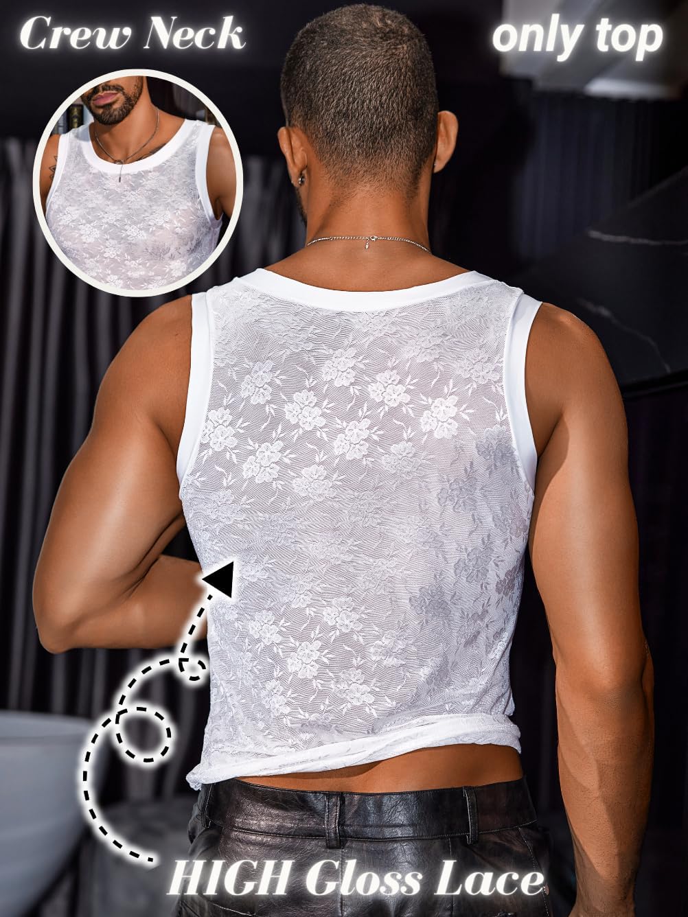 ChiaoLezhee Men's Tank Top, Sheer Lace Undershirts, Sexy Mens Sleeveless Shirt, Sissy Clothes for Men Femboy Lingerie Mesh