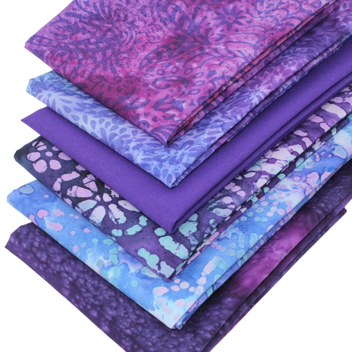 6 Fat Quarters Batik Bundle - 'Purple Vision' A Stunning Set of Batik & Plain Solid Fabrics in Purple & Blue. 100% Cotton. Ideal for Quilting & Crafting. (Free Patchwork Pattern by Overdale Fabrics)