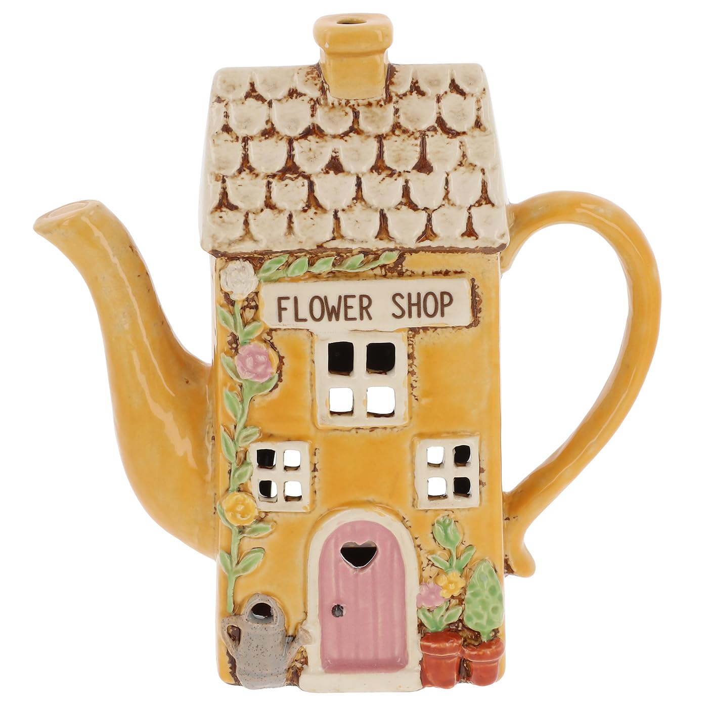 Shudehill Giftware Village Pottery Ceramic Tealight Holder, Hand Finished, Assorted Designs, The Village Collection (Flower Shop Teapot)